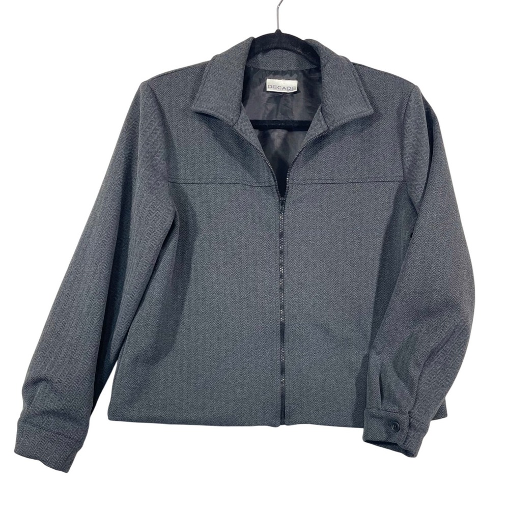 Womens‎ Decade Designs Gray Herringbone Zip Up Jacket Collared Long Sleeve
